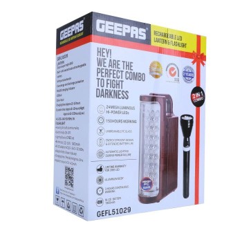 Geepas Rechargeable LED Lantern & 1Pc Torch | Emergency Lantern with Light Dimmer Function