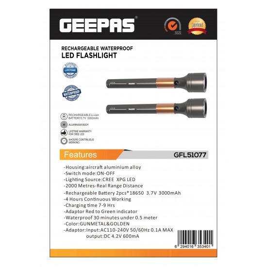 Geepas 2 PCS Rechargeable Water Proof Family Pack LED Flashlight 3000 Mah