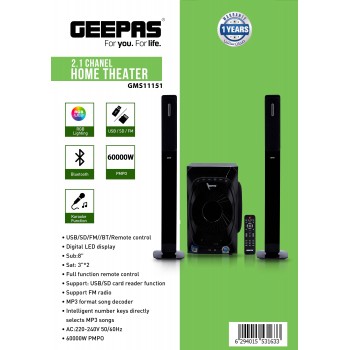 Geepas 2.1 Home Theatre - Spkr/Usb/Sd/Fm/Rmt/Bt, Bluetooth, Digital LED Display, Remote Control