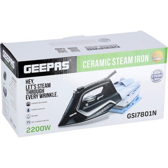 Geepas GSI7801N Wet & Dry Steam Iron with Ceramic Soleplate, Black (UK Plug)