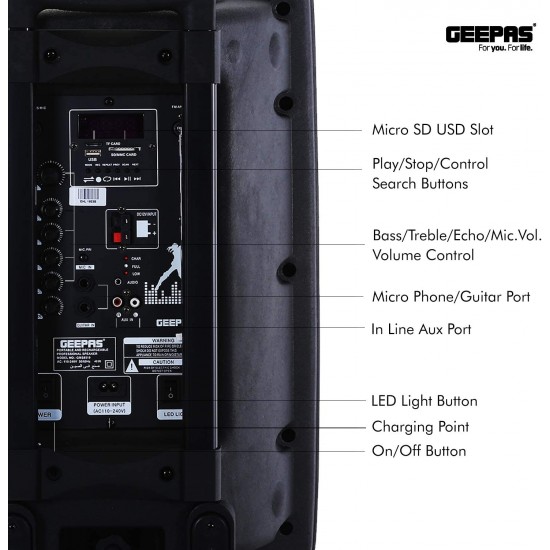 Geepas 12 Inch Trolley Bluetooth Speaker | USB & Auxiliary Inputs