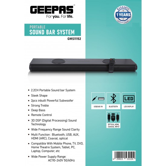 GEEPAS GMS1115 Portable Sound Bar System, LED Display & 3D DSP, 2 | USB/ AUX/ Bluetooth/ HDMI